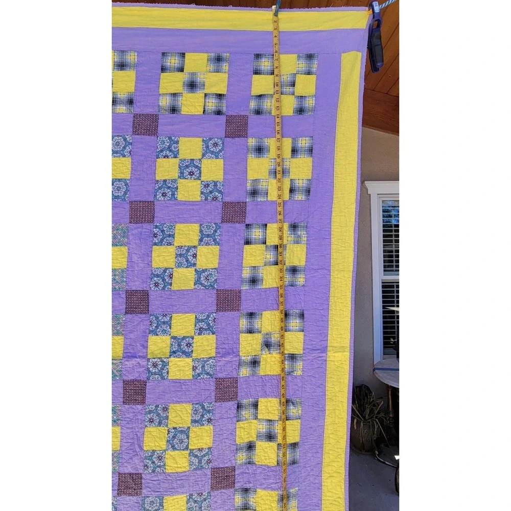 Handmade Nine Patch Quilt Purple Yellow Full Queen Cottage Farmhouse 86 x 74‎